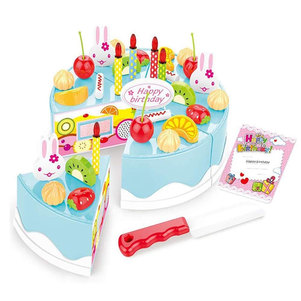 HenMerry 38 PCS DIY Cutting Birthday Party Cake Model Ornament Pretend Kitchen Food Set, DIY Fruit Cutting Kitchen Pink/Blue Cut Cake Gift (38PCS Blue)