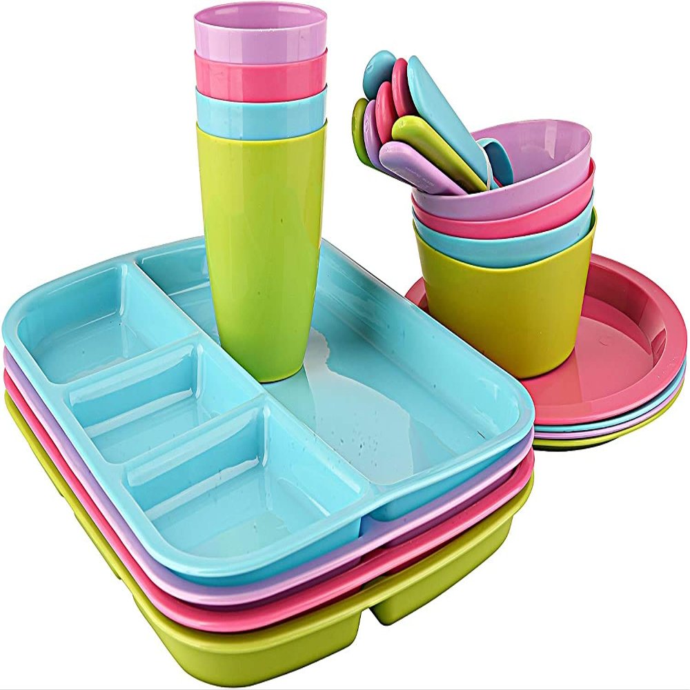 24 pc Kids Dinner Set by Mainstays, BPA free, Microwave/dishwasher safe, toddler snack/meals, mixed colors