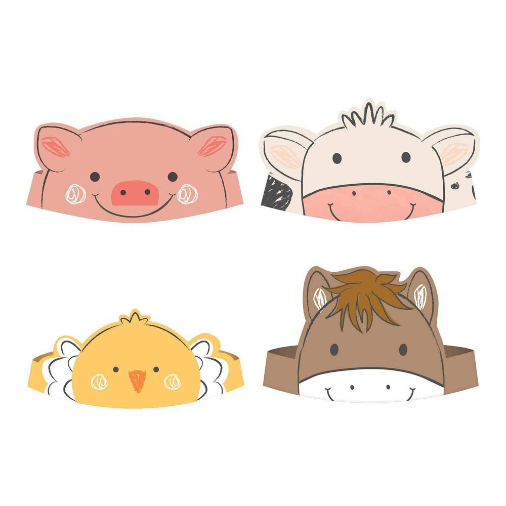 Adorable Barnyard Birthday Paper Crowns - 4.5" x 6.75" (Pack of 8) - Four Festive Styles, Equally Assorted - Perfect for Kids' Farm-Themed Parties
