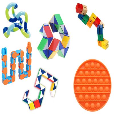 Fidget Sensory Set of 6 Twisting Folding Popping Brain Teaser Toys Including : Original Tangle Jr, Wooden Fidget Blocks, Wacky Tracks