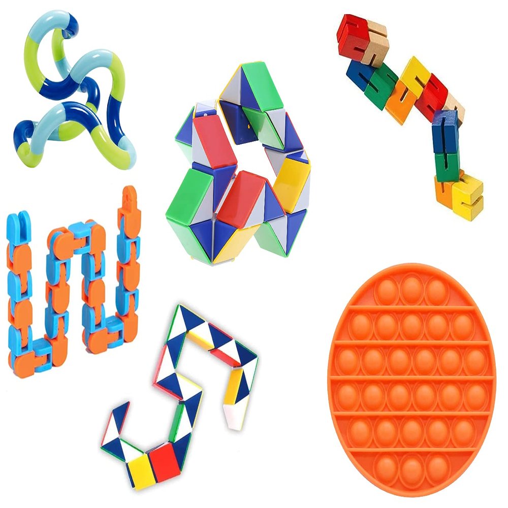 Fidget Sensory Set of 6 Twisting Folding Popping Brain Teaser Toys Including : Original Tangle Jr, Wooden Fidget Blocks, Wacky Tracks