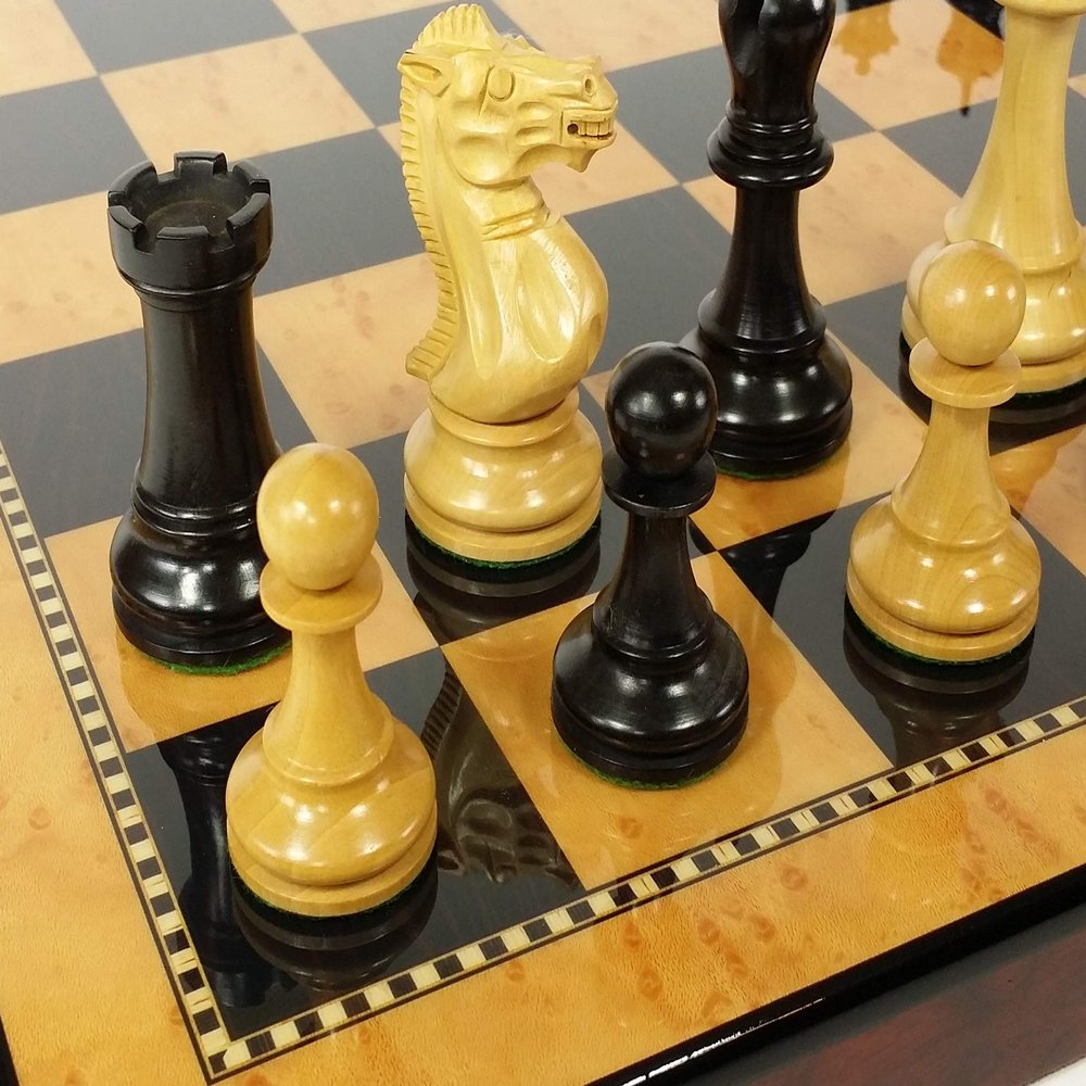 4 Queens Black Anderssen Staunton Wood Chess Set 3 3/4" King with Walnut and Birdseye Maple Color Board