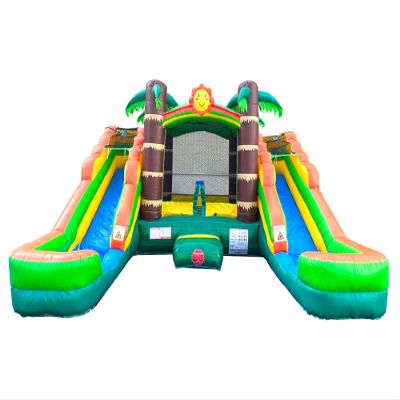 Crossover Tropical Double Water Slide Bounce House Combo, 16.5 x 15 x 11 Foot, PVC Vinyl Inflatable Bouncy House for Kids, Wet or Dry Slides, with Stakes, Storage Bag and 1 HP Blower