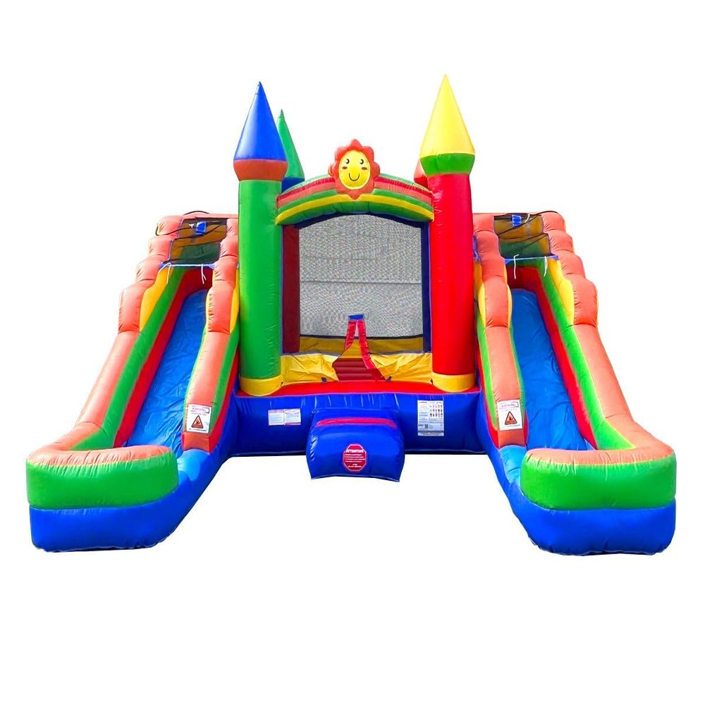 Crossover Rainbow Castle Double Water Slide Bounce House Combo, 16.5 x 15 x 11 Foot, PVC Vinyl Inflatable Bouncy House for Kids, Wet or Dry Slides, with Stakes, Storage Bag and 1 HP Blower