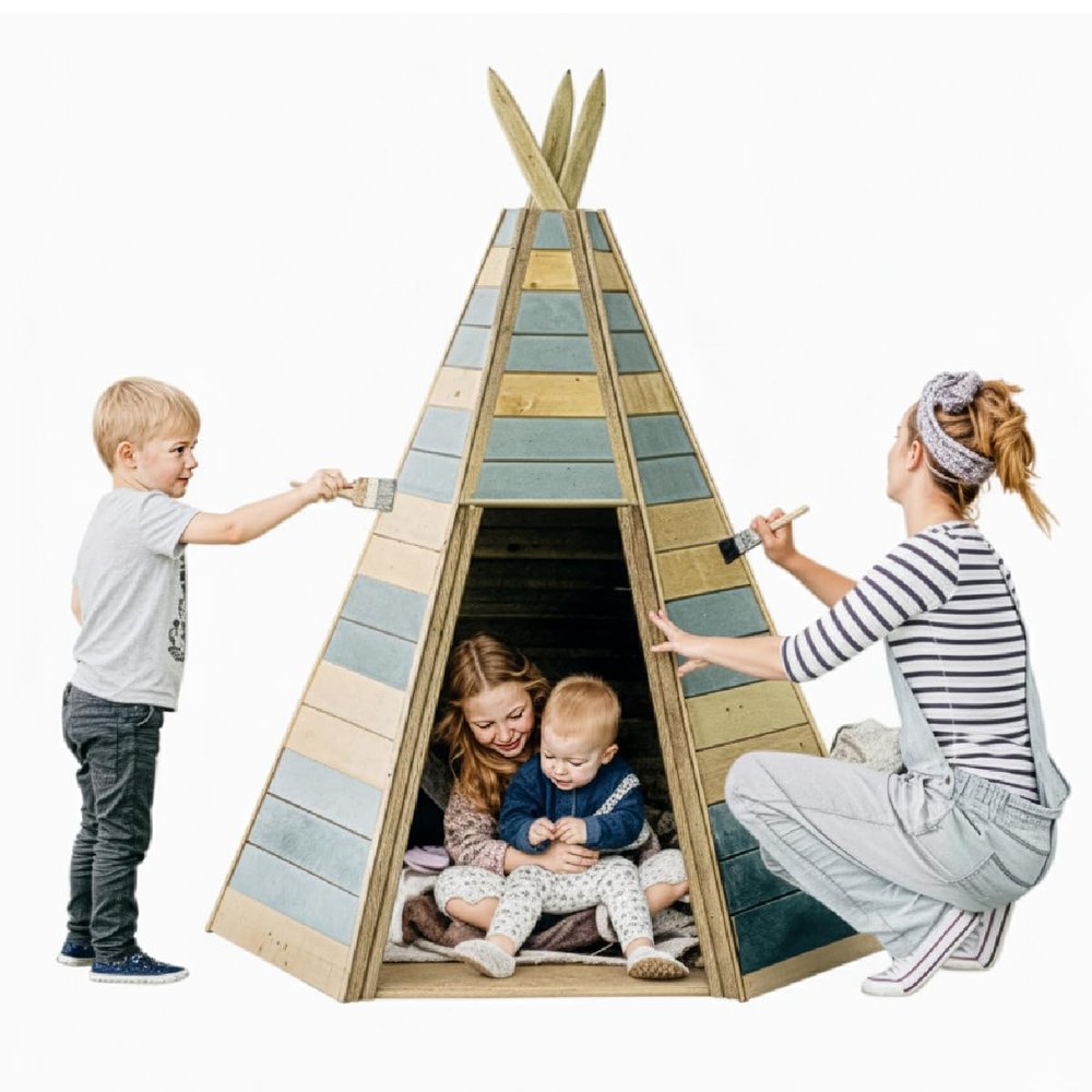 Plum Wooden Teepee Tent for Kids, Outdoor Toddler Playhouse, Fort, Play House for Boys Girls, Wood Frame Kids Tent, Cone Shaped Hideaway, Blank Canvas, Easy Setup, Sturdy, Weatherproof, Age 3+ (Small)
