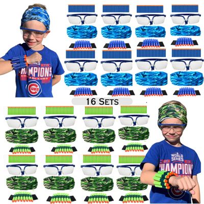 wishery Accessories for Nerf Party Supplies -16 Sets. Kids Birthday Favors Bulk Pack with Darts, Glasses, Masks, and Wristbands for Boys Birthday Parties and Nerf War Teams