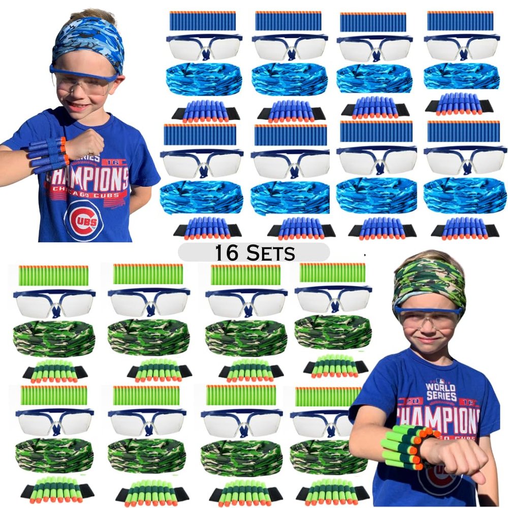 wishery Accessories for Nerf Party Supplies -16 Sets. Kids Birthday Favors Bulk Pack with Darts, Glasses, Masks, and Wristbands for Boys Birthday Parties and Nerf War Teams