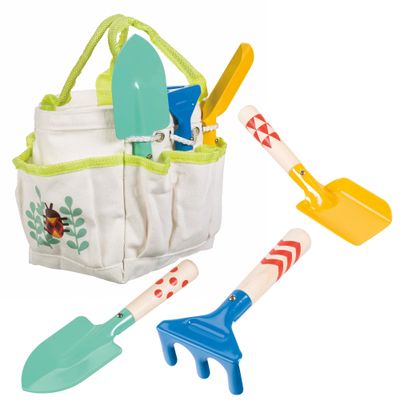 Beetle & Bee Kids Garden Tote Kit  Durable, Easy-to-Clean Gardening Tools Set - Includes Canvas Tote Bag, Hand Rake, Shovel & Trowel - Perfect Toddler Gardening Set