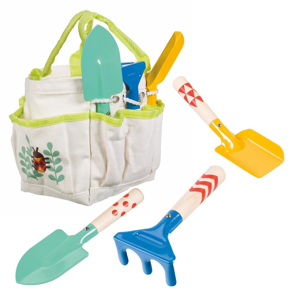 Beetle & Bee Kids Garden Tote Kit  Durable, Easy-to-Clean Gardening Tools Set - Includes Canvas Tote Bag, Hand Rake, Shovel & Trowel - Perfect Toddler Gardening Set