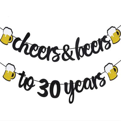 30th Birthday Banner - Cheers and Beers to 30 Years Banner Pre-Strung, Happy 30th Birthday Decorations - Aniversary Party Supplies (Black Gold)