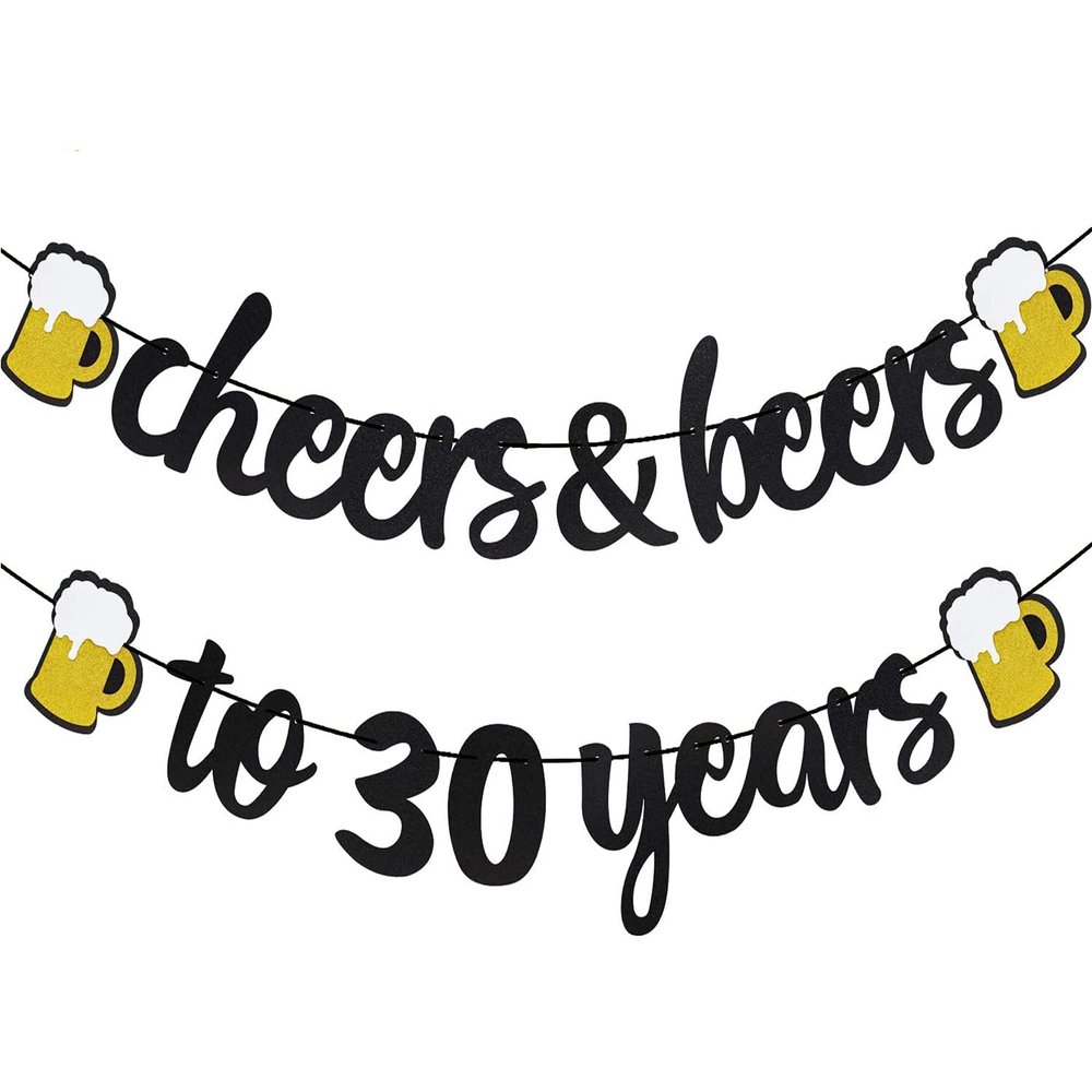30th Birthday Banner - Cheers and Beers to 30 Years Banner Pre-Strung, Happy 30th Birthday Decorations - Aniversary Party Supplies (Black Gold)