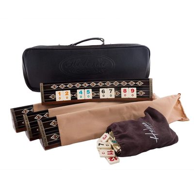 Helena Wood Art Wooden Mosaic Inlaid Oval Rummy Game Set - Wooden Rummy Cube Black veneered