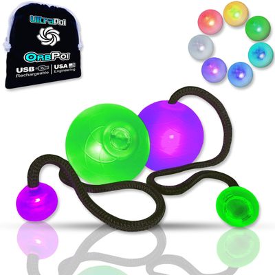 UltraPoi OrbPoi LED Poi Balls  USB Rechargeable Spinning Orb Flow w/ 30+ Color Modes  Glow Poi Balls w/LED Knob Handles & Soft Cases  LED Visual Poi for Rave Parties Festivals & Flow Arts