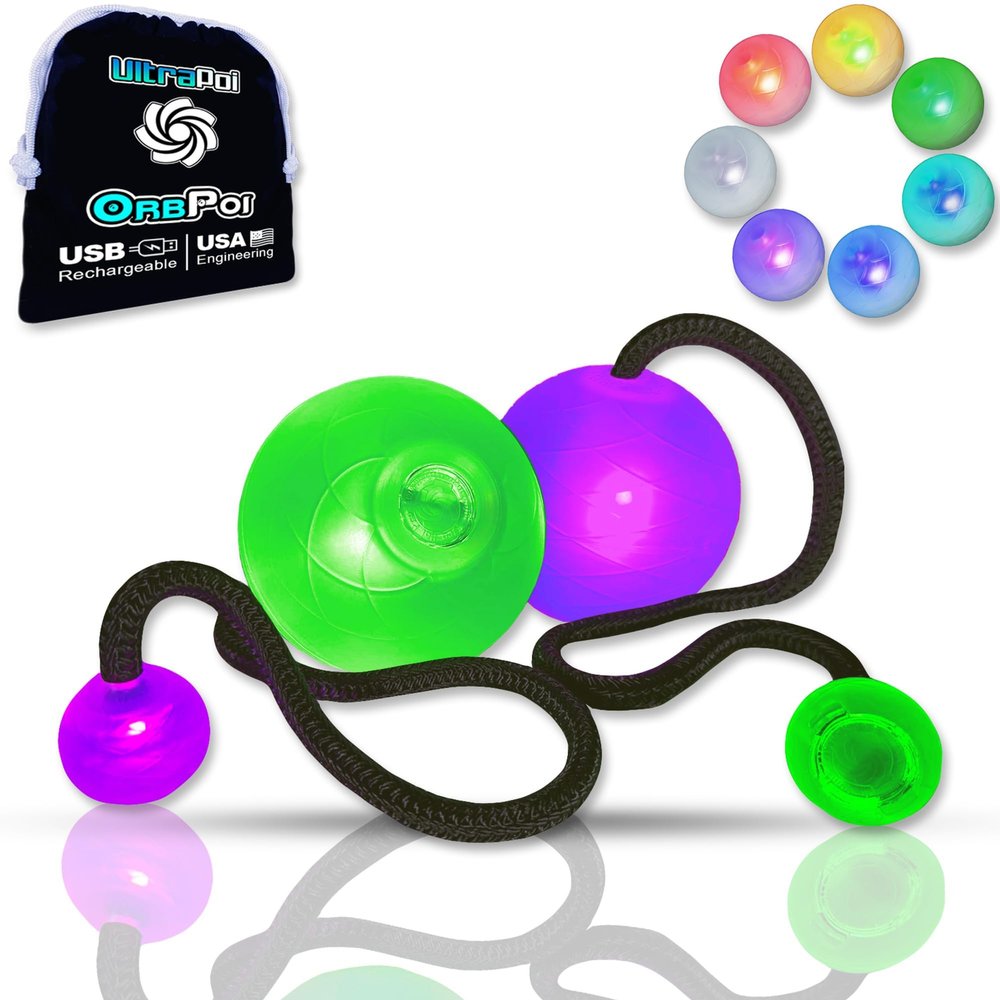 UltraPoi OrbPoi LED Poi Balls USB Rechargeable Spinning Orb Flow w/ 30+ Color Modes Glow Poi Balls w/LED Knob Handles & Soft Cases LED Visual Poi for Rave Parties Festivals & Flow Arts