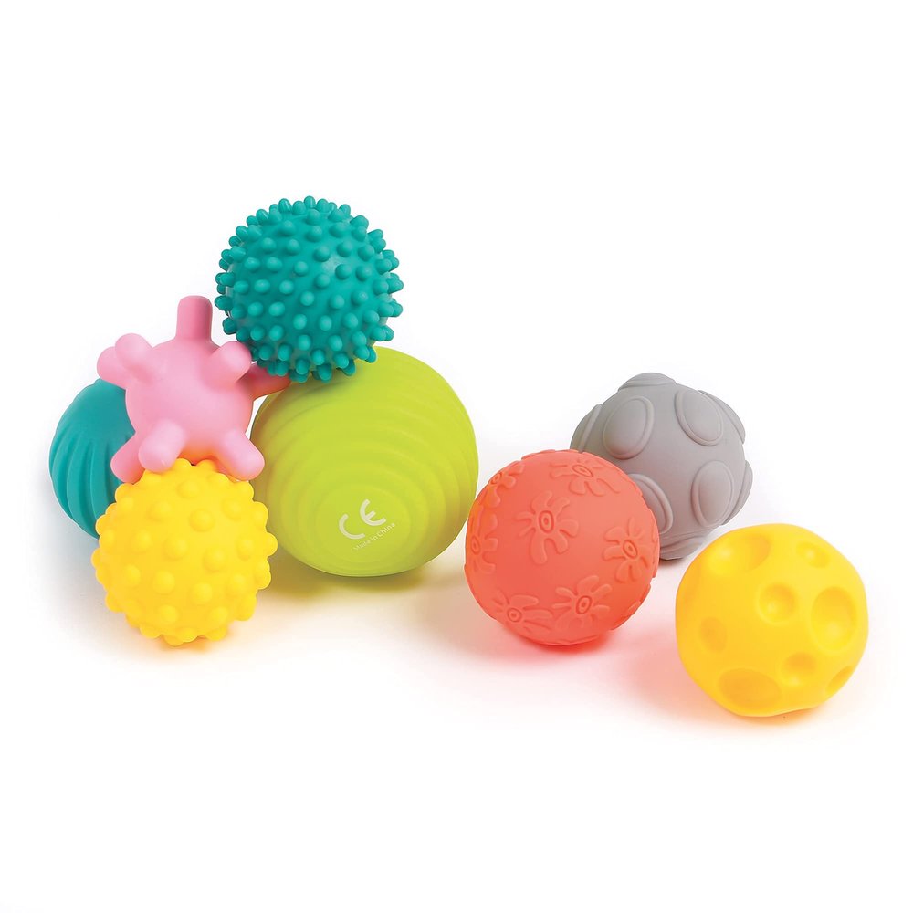 LUDI Set of 8 Awakening Balls Assorted Sensory Stimulation Balls | Different Shapes and Colours | Soft Plastic | from 6 Months