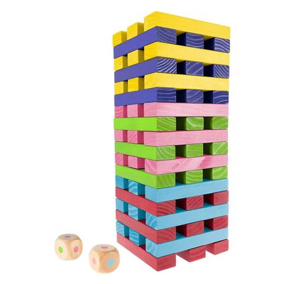 HEY! PLAY! Nontraditional Giant Wooden Blocks Tower Stacking Game with Dice, Outdoor Yard Game, for Adults, Kids, Boys and Girls (Rainbow Color)