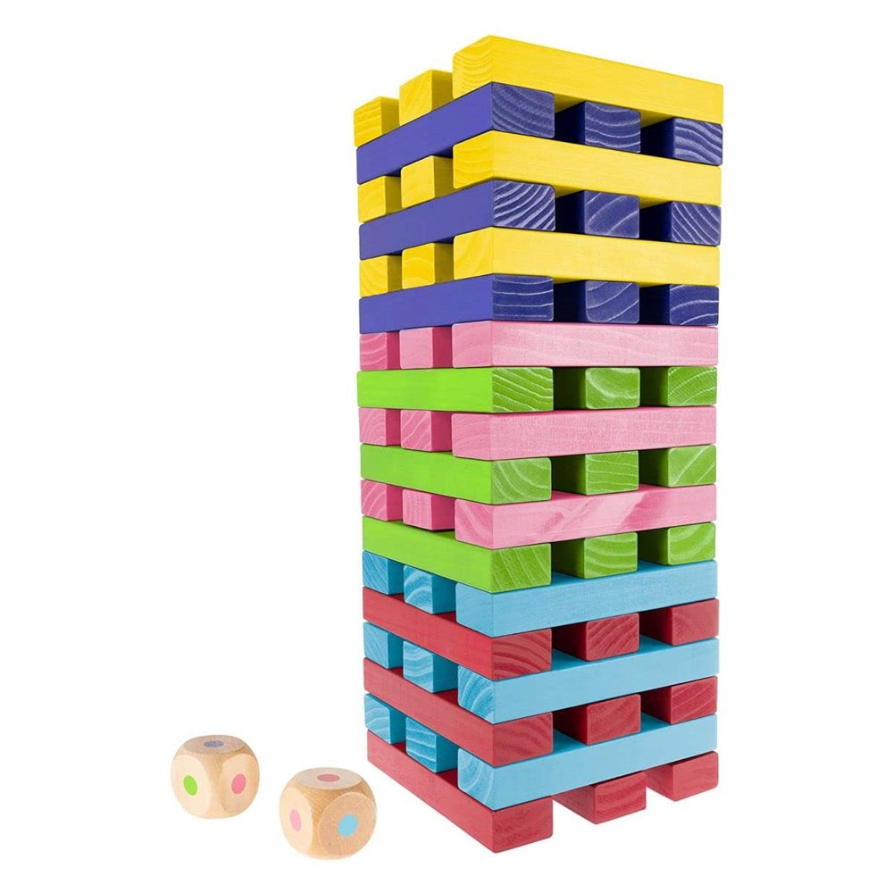 HEY! PLAY! Nontraditional Giant Wooden Blocks Tower Stacking Game with Dice, Outdoor Yard Game, for Adults, Kids, Boys and Girls (Rainbow Color)