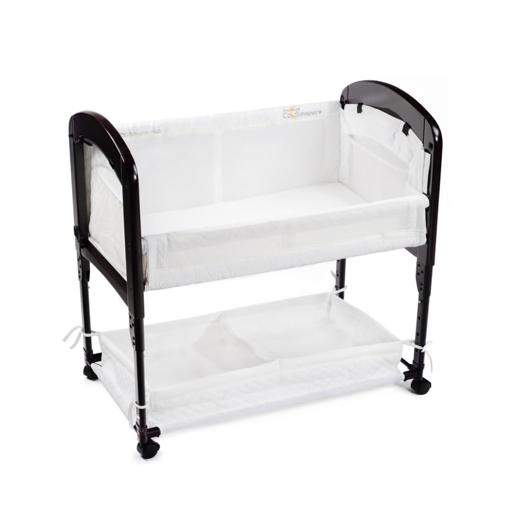 Arms Reach Cambria Co-Sleeper Bedside Bassinet Featuring Height-Adjustable Legs, Curved Wooden Ends, Breathable Mesh Sides with Pockets, and Large Lower Storage Basket, Espresso and White