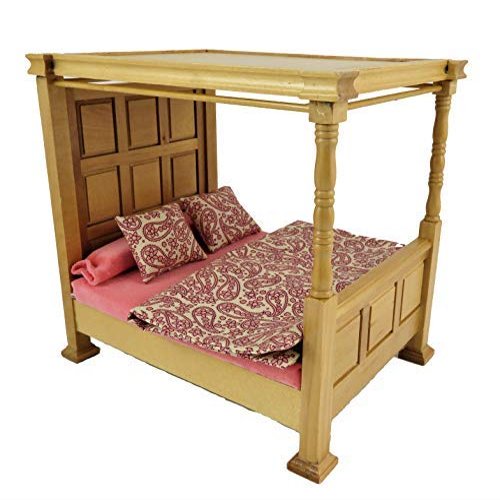 Melody Jane Dollhouse Tudor Light Oak Tester Bed 4 Poster with Bedding Bedroom Furniture