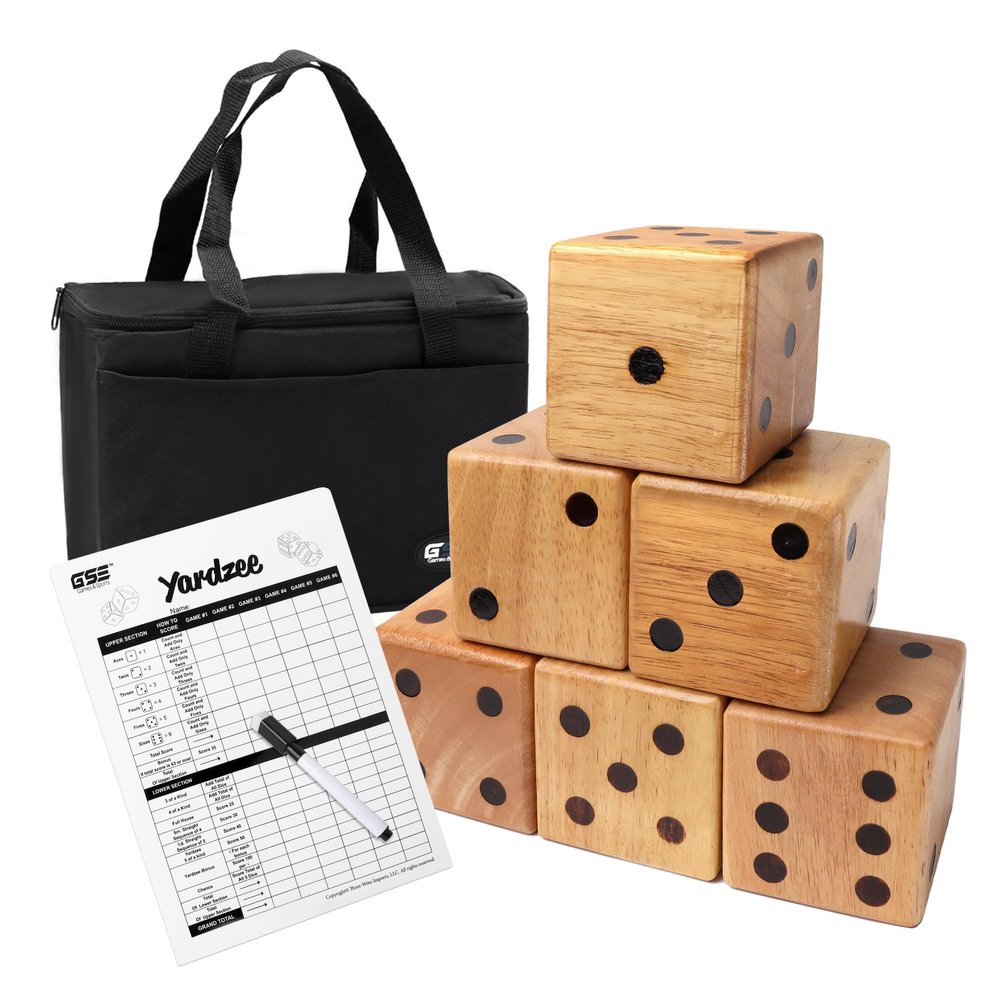 GSE Games & Sports Expert 3.5-Inch Premium Oak Giant Yard Dice Set with Carrying Bag and Yardzee & Farkle Scorecard. Outdoor Backyard Lawn Game for Family