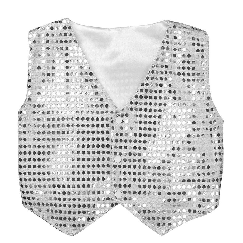 ACSUSS Kids Boys Girls Shiny Sequin Vest Jacket Waistcoat for Jazz Hip-hop Street Dance Stage Performance Silver 13-14