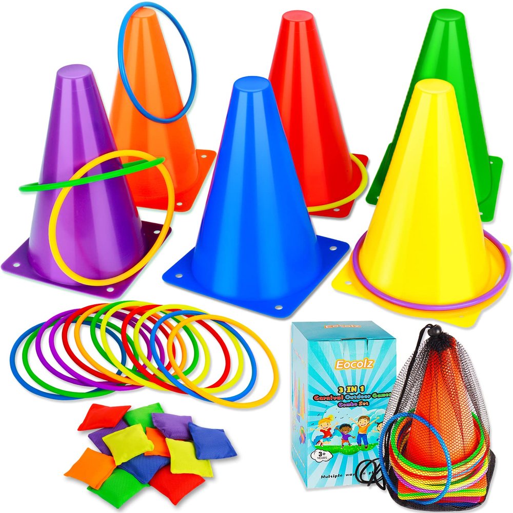 Eocolz 3 in 1 Carnival Games Set, Soft Plastic Cones Bean Bags Ring Toss Games for Kids Birthday Party Outdoor Games Supplies Combo Set