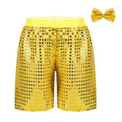 Alvivi Kids Girls Boys Sequins Glitter Shorts Bow Bling Fancy Party Dancing Pants Performance Costume Yellow 3-4