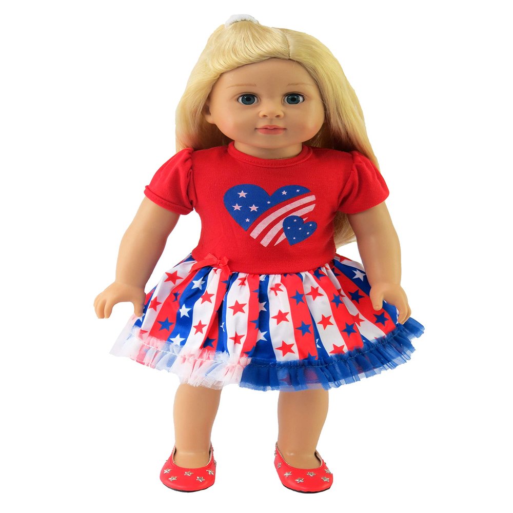 American Fashion World Patriotic Heart Fourth of July Dress | Premium Quality & Trendy Design | Dolls Clothes | Outfit Fashions for Dolls for Popular Brands