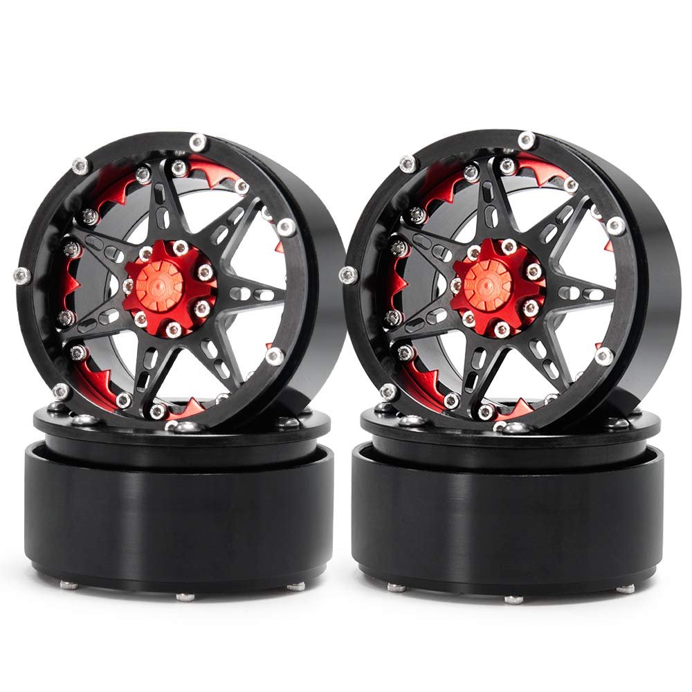 4 Pack Beadlock Wheels, Hosmide Aluminum Alloy 2.2" Beadlock Rims for 1/10th Scale RC Crawler Car Axial Wraith (Black+Red)