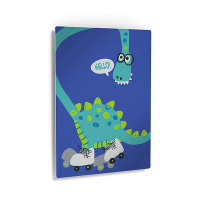 Smile Art Design Cute Dinosaur Hello Wall Decor Blue Background METAL PRINT Boys Room Decor Metal Wall Art Baby Room Decor Nursery Decor Made in the USA- 40x30