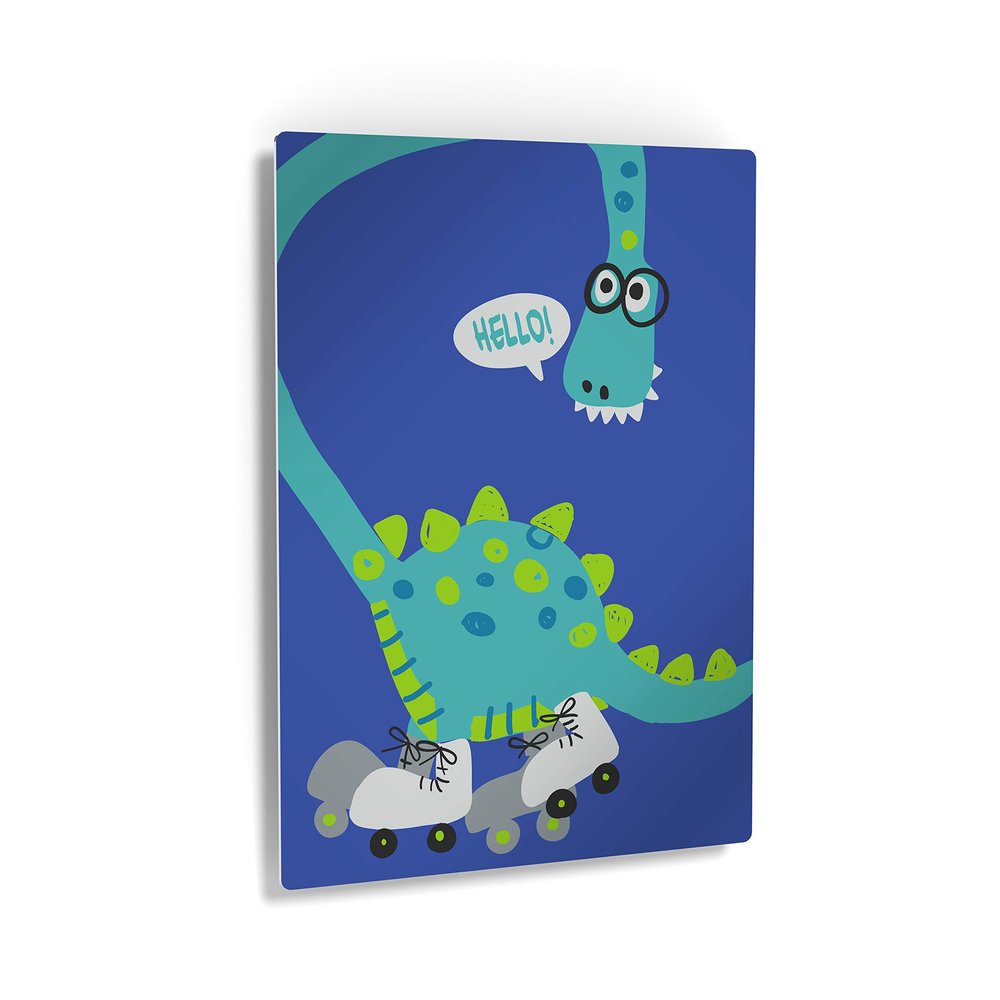 Smile Art Design Cute Dinosaur Hello Wall Decor Blue Background METAL PRINT Boys Room Decor Metal Wall Art Baby Room Decor Nursery Decor Made in the USA- 40x30