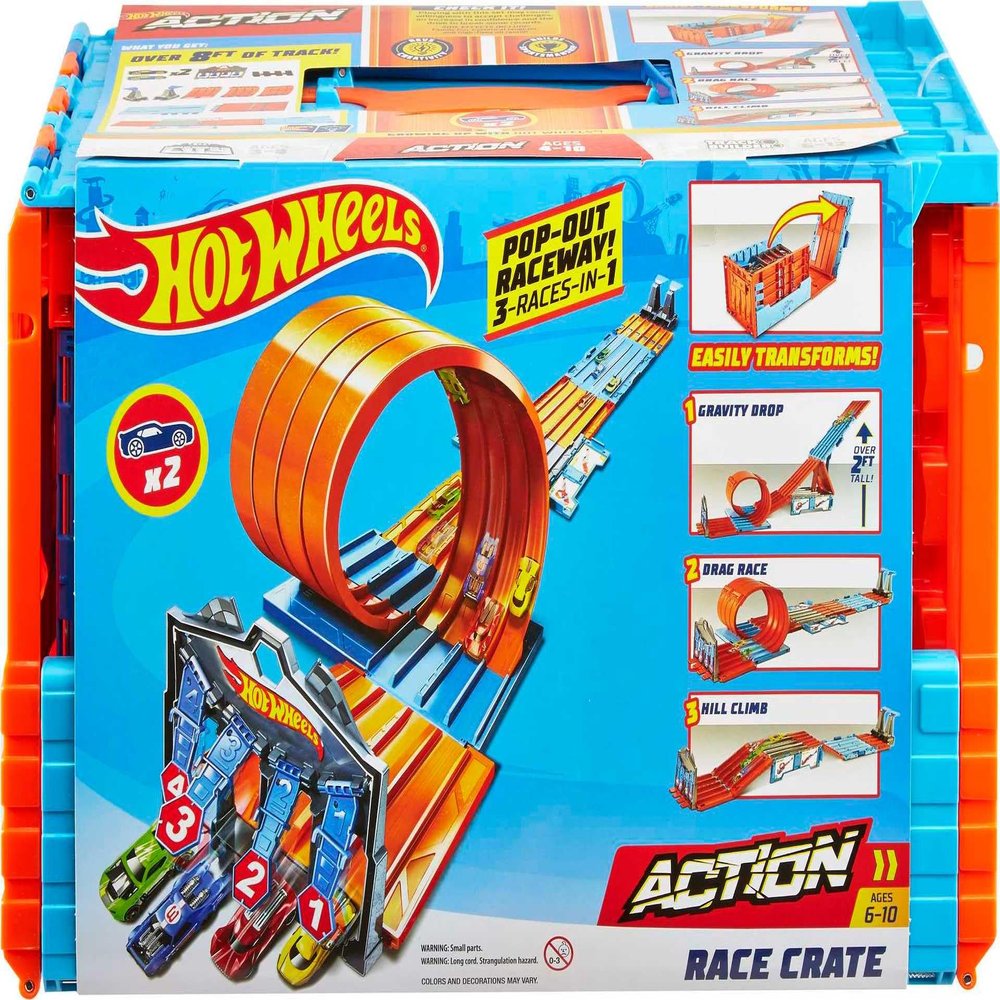 Hot Wheels Toy Car Track Set, Race Crate Transforms into 3 Different Builds, Includes Storage & 2 Cars in 1:64 Scale (Amazon Exclusive)