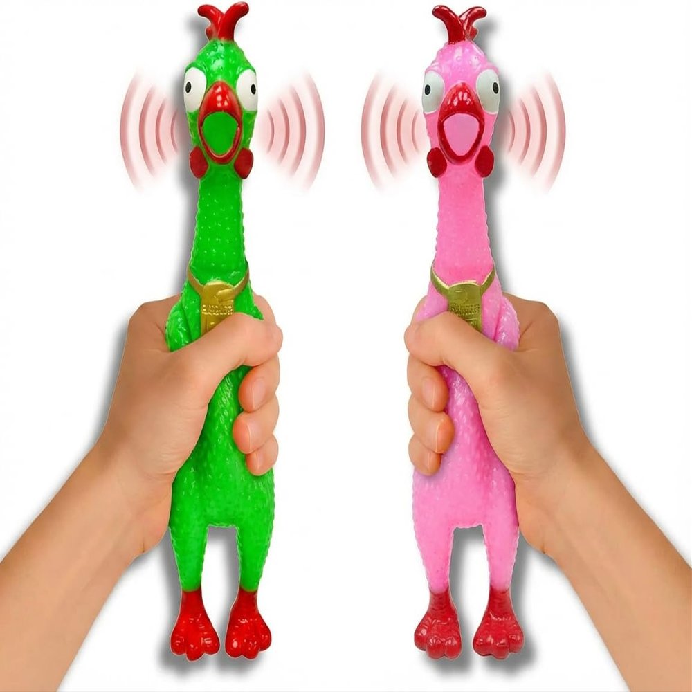 Animolds Squeeze Me Rubber Chicken Toy | Screaming Squeaky Chicken for Kids & Dogs | Novelty Prank Gag Gift (2 Pack Glow in The Dark)