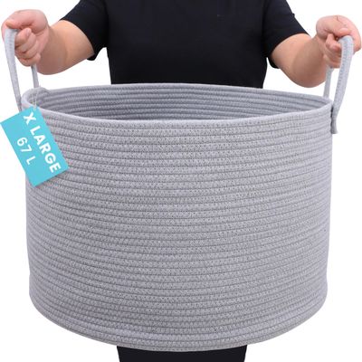 OrganiHaus Large Woven Storage Basket for Blankets and Toys 20" x 13" Inch, Rope Laundry Basket with Handles, Cushions & Pillows Storage Bin, Nursery Hamper, Soft Round Dog Toy Bin - Gray