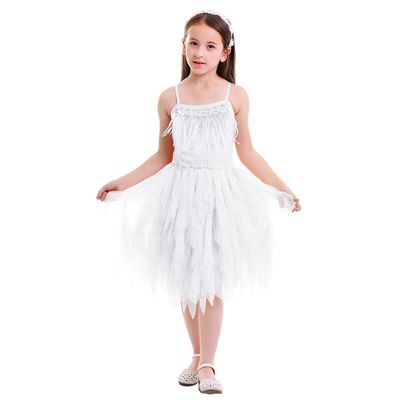 Kids Girls Spaghetti Strap Lace Feather Fringes Tutu Tulle Swan Princess Dress Ruffles Backless Ballet Leotard Dance Skirted Pageant Party Wedding Formal Birthday Cake Short Tiered Gown White 18-24M