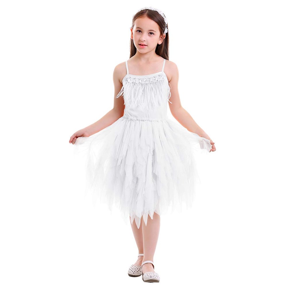Kids Girls Spaghetti Strap Lace Feather Fringes Tutu Tulle Swan Princess Dress Ruffles Backless Ballet Leotard Dance Skirted Pageant Party Wedding Formal Birthday Cake Short Tiered Gown White 18-24M