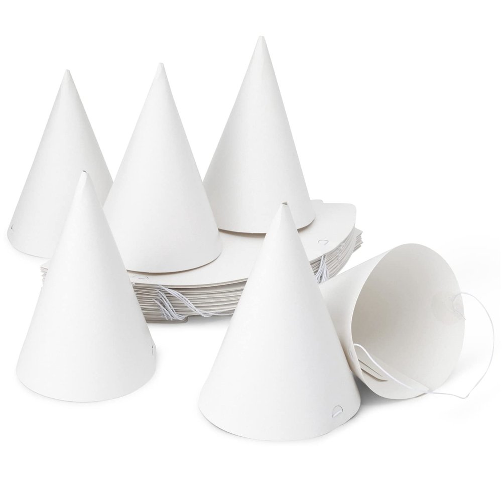 Bright Creations Party Hats Blank White Cone - 50 Count, 6 in, Pre-strung Elastic - Birthday Hats & Celebration Decor