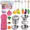Juboury Kitchen Pretend Play Toys with Stainless Steel Cookware Pots and Pans Set, Cooking Utensils, Apron & Chef Hat, Cutting Vegetables for Kids, Girls, Boys, Toddlers view 1
