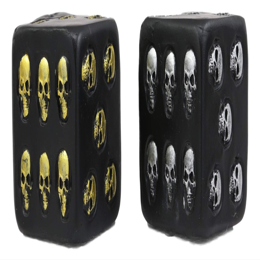 Ebros Oversized Large Decorative 2.25"High Cube Silver And Gold Skull Face Gaming Dice Set of 2 In Matte Black Finish As Ossuary Macabre Spooky Halloween Decor Sculpture Of Graveyard Skulls Skeletons