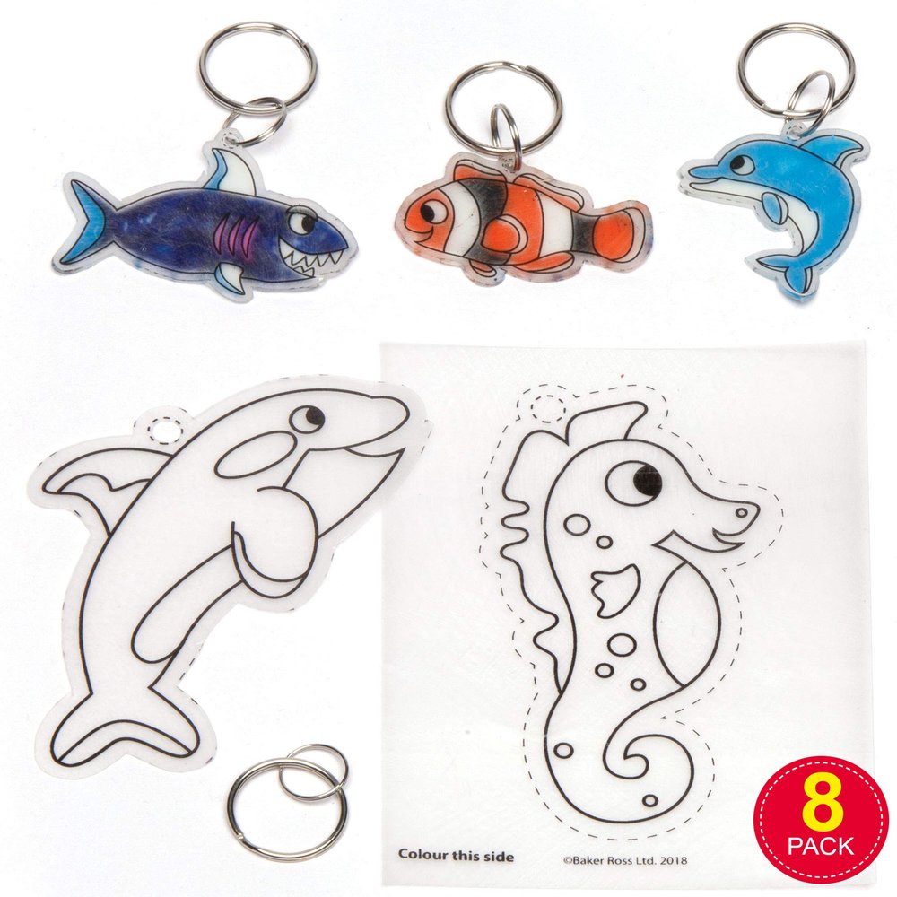 Baker Ross Sealife Super Shrink Paper Keyrings (Pack of 8) AW393, White Shrink Paper for Kids to Decorate