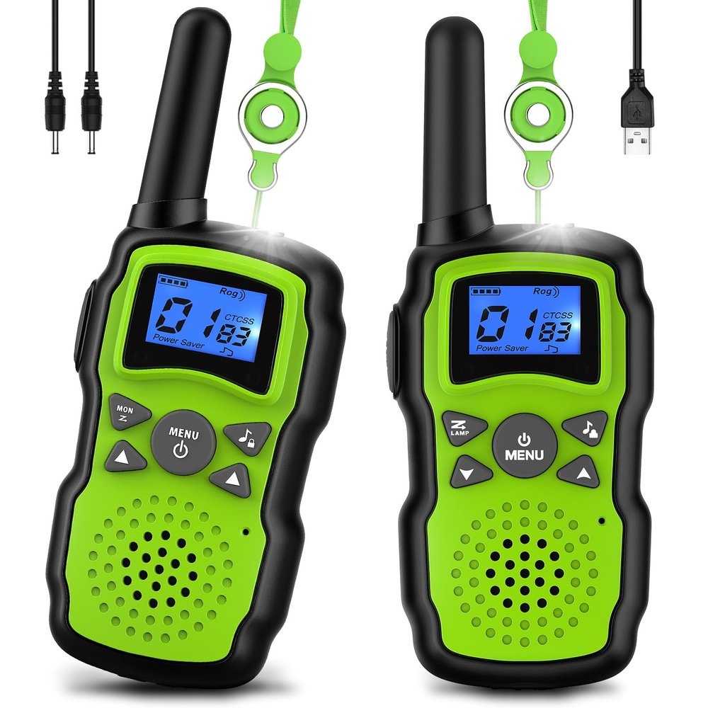 Wishouse Walkie Talkies for Kids Rechargeable Long Range,4 5 6 7 8 Year Old Boy Girl Birthday Gift,Camping Games Cool Toys Ideas for Children with 6000mAh Batteries,Flashlight,Lanyard,2 Pack Green