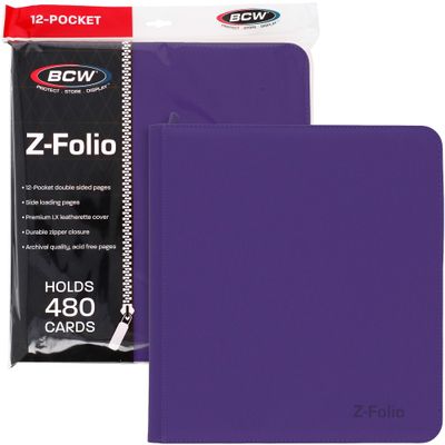 BCW Z-Folio LX Zipper Portfolio - Premium Purple Leatherette 12-Pocket Playset Album - Secure Zipper - 480 Card Capacity - Card Collector's Dream - Card Organizer - Trading Card Storage
