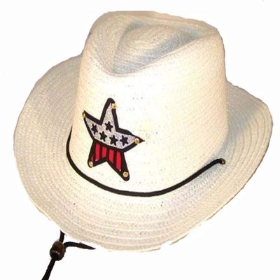 2 PIECES White Color Kids Straw Western Cowboy/Cowgirl Hat with Americian Flag Star Emblem Patch -Childrens Size
