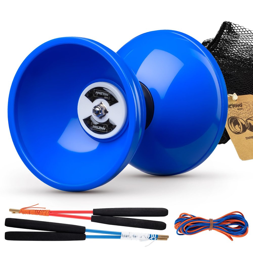 MAGICYOYO Pro Triple Bearing Diabolo Medium Size 5 Blue Chinese Yoyo Toy with 2 Pair Carbon Sticks+ 2 Extra Strings +1 Net Bag, High Performance Chinese Yoyo Diabolo Skill Toy