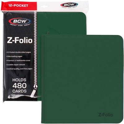 BCW Z-Folio LX Zipper Portfolio - Premium Green Leatherette 12-Pocket Playset Album - Secure Zipper - 480 Card Capacity - Card Collector's Dream - Card Organizer - Trading Card Storage