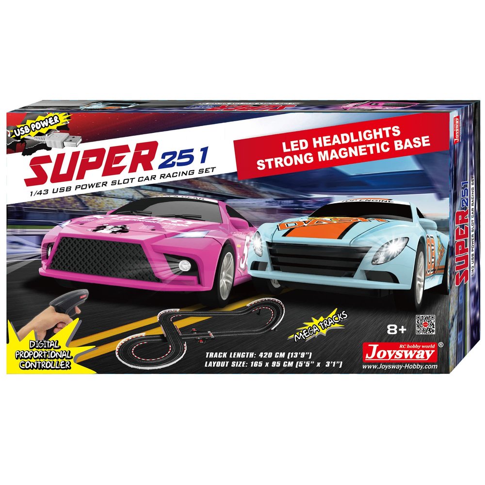 Joysway oysway: Super 251 USB Power Slot Car Racing Set, LED Headlights, Strong Magnetic Base, Mechanical Lap Counter & Powerbase Integrated as Combo Track, For Ages 8 and up, 2251