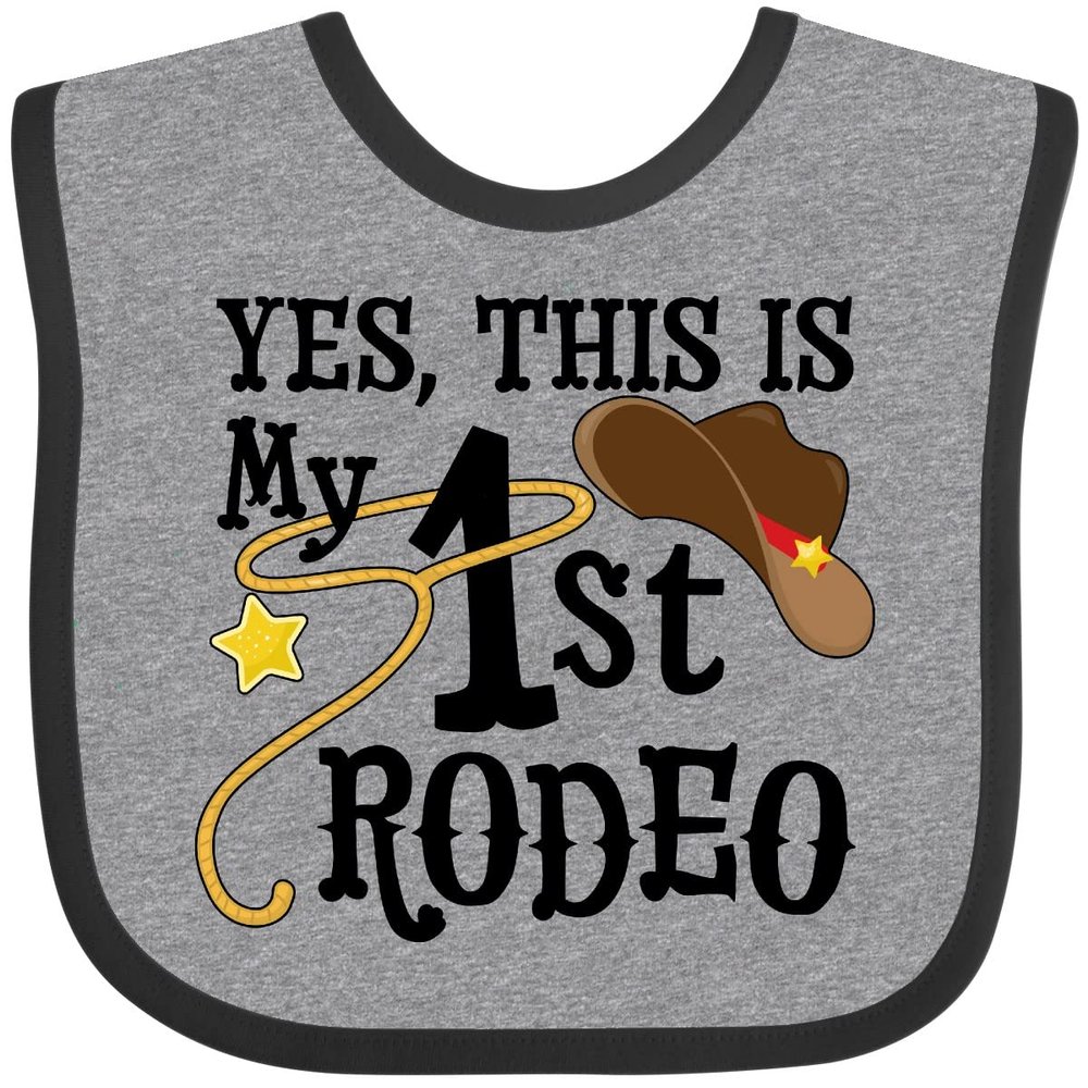 inktastic Yes, This Is My 1st Rodeo- Cowboy Hat with Red Band, Lasso Baby Bib Heather and Black 35614
