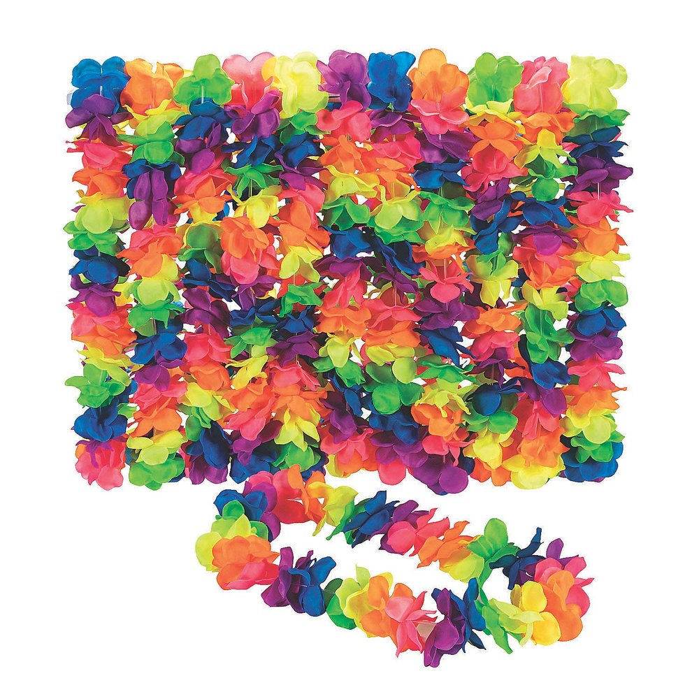 Fun Express Premium Neon Rainbow Large Flower Petal Leis - 12 Flower Neclaces - Tiki, Luau, Tropical Party Apparel Supplies