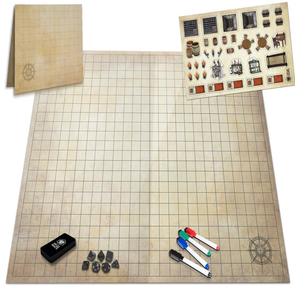 Melee Mats DND Map Starter Set - 23 x 27" Double Sided, Wet & Dry Erase Battle Terrain Grid for Dungeons and Dragons - Tabletop Board Gaming Kit with Accessories