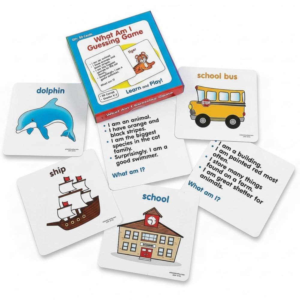 Fun Express What Am I Guessing Card Game  Set Educational Learning Activity for Kids Perfect for Enhancing Critical Thinking and Problem-Solving Skills Fun Party Game for Children 50 Pieces